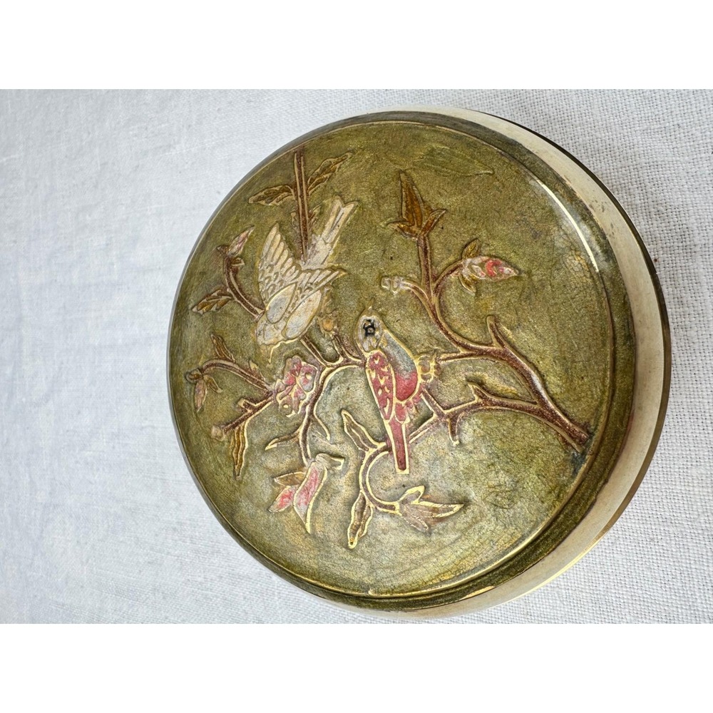 Vintage Brass Champleve Trinket Compact Bowl Bird Floral Enamel Lid Jewelry Box - Picture 5 of 11